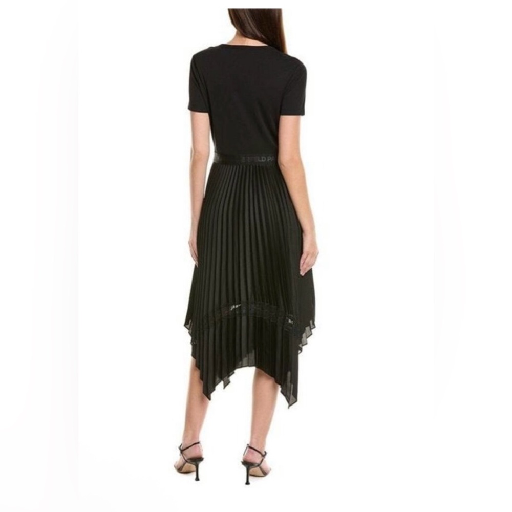 NWT. Karl Lagerfeld Monogramed Mixed-Media Pleated Midi Dress - Picture 3 of 10